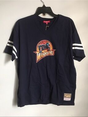 Mitchell & Ness Navy Warriors V-Neck Tee with White Sleeve Stripes